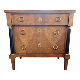 Vintage Baker Furniture Neoclassical Walnut Chest of Drawers Brass Pulls Black Accents