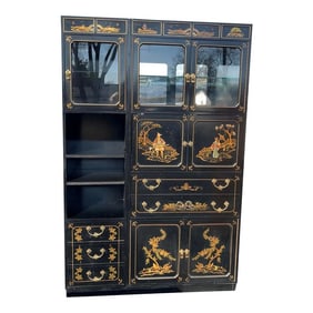 1970s Jasper Cabinet Co. Chinoiserie Black Lacquer Hand Painted Drop Down Mirror Back Bar and Secret