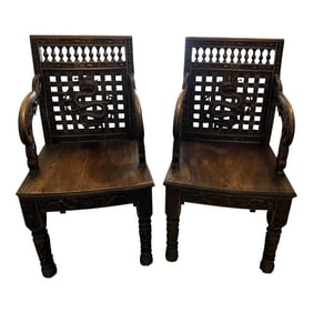19th Century Vintage Carved Chinese Dragon and Symbolic Armchairs - a Pair