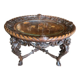 19th Century Oval Victorian/ Renaissance Style Hand Carved Table With Inlay