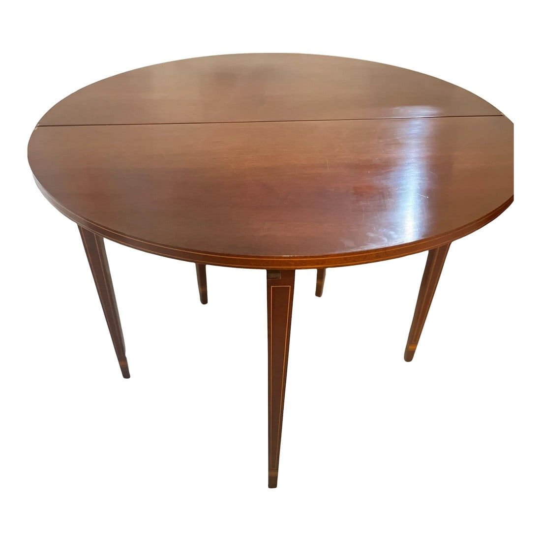 Antique George III Demilune Console Table With Satinwood Inlay: George III style Demilune Shaped Tea Table with folding top. Banded satinwood inlay. 36"x18"x30" Open the top is 36"x36" Condition: Alterations: Original Condition Unaltered Imperfections: Some Imperf