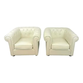 Mid 20th Century White Leather Chesterfield Club Chairs - a Pair