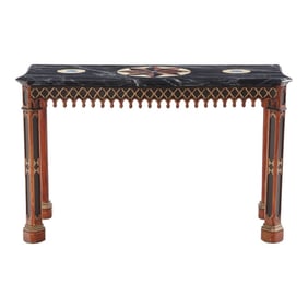Faux Marble Painted Console Table With Carved Apron,