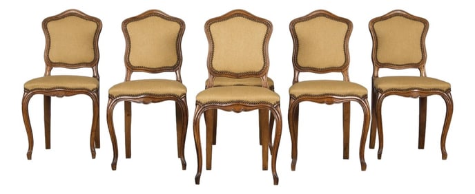 Antique Country French Louis XV Style Walnut Dining Chairs in Beige Fabric - Set of 6