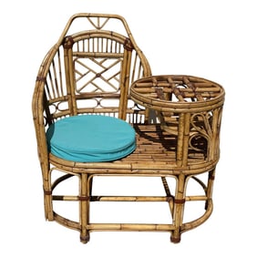 Mid 20th Century Vintage Rattan Bamboo "Gossip" Telephone Bench With Glass Tabletop