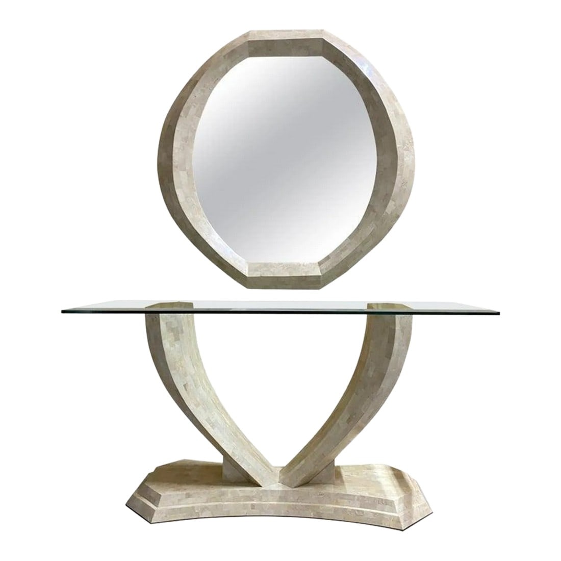 Late 20th Century Modern Tessellated Stone Console Table & Mirror Robert Marcius /Maitland Smith: Modern Tessellated Stone Console Table & Wall Mirror Robert Marcius for Maitland Smith Elevate your interior with this captivating Modern Tessellated Stone Console Table & Wall Mirror designed by Robe