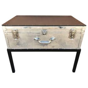 Mid 20th Century Japanese Post War Aluminum Riveted Trunk on Iron Stand With Glass Top, Restored