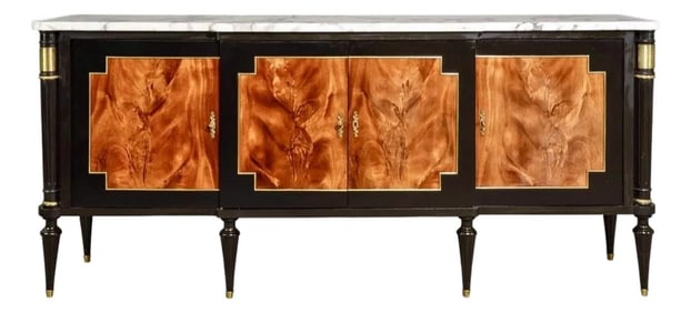 French Louis XVI Style Black Lacquered Sideboard Credenza With Marble Top and Burled Walnut