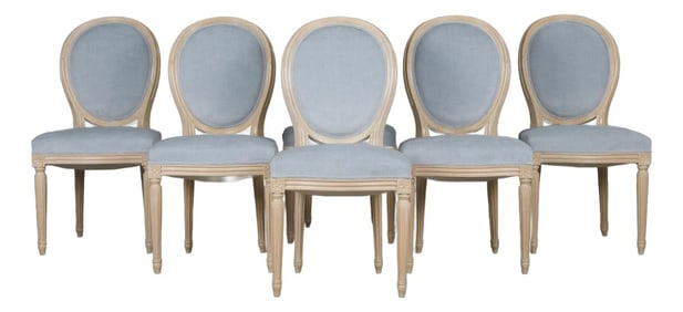 French Louis XVI Style Painted Dining Chairs W/ Light Blue Velvet - Set of 6