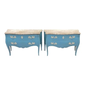 Late 20th Century Palm Beach Blue' Lacquered Commodes With Natural Coquina Stone - a Pair