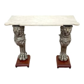 Early 20th Century English Regency Style Marble Top Zinc Lion Caryatid Console Table