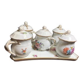 Vintage Carl Thieme Dresden Hand-Painted Floral & Gold Basketweave Pot De Creme Set- 6 Pieces