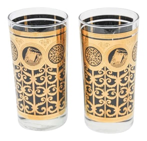 Vintage Highball Black and Gold Glasses by Fred Press - A Pair