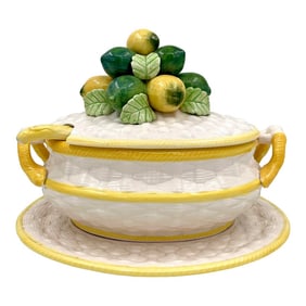 Vintage 1980s Robert Nemith Majolica Style Basketweave Lemon & Lime Topiary Soup Tureen Centerpiece