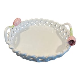 Vintage White Ceramic Lattice Rim Serving Tray With Tulip Handles