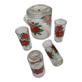 Vintage Culver Lucite Poinsettia Ice Bucket With Tumbler Glasses- Set of 5
