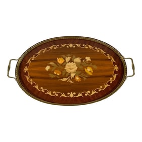 1950-60s Italian Oval Marquetry Gallery Serving Tray