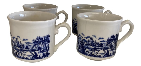 1970s Pastoral Chinoiserie Blue and White Cups - Set of 4