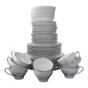 1960s Noritake China Rosay Pattern 6216 Dinnerware Setting For 12 With Lots of Platinum Trim- 73 Pie