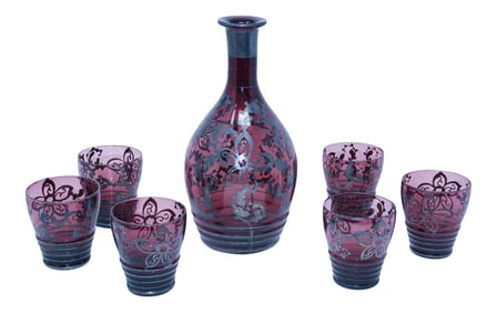Amethyst Enameled Bohemian Glass Liquor Set Decanter and Six Glasses - 7 Pieces
