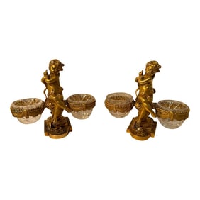 19th Century Baccarat Gilt Bronze & Crystal Double Salt Cellars- a Pair