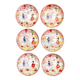 Antique Japanese Kutani Chinoiserie Butter Pat Plates - Set of 6