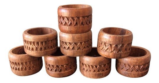 1970s Vintage Wooden Napkin Rings - Set of 8