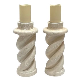 Late 20th Century Cast Plaster 'Coquina Stone' Spiral Candlesticks - a Pair