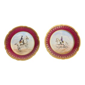 Pair, French Signed Charles Pillivuyt Opposing Napoleonic Horseback Plates 9.5" C. 1870