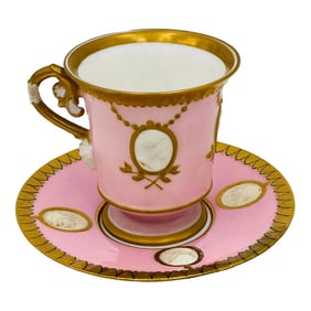 Antique Old Paris Empire Style Classical Teacup & Saucer with Bisque Faces & Ram Head
