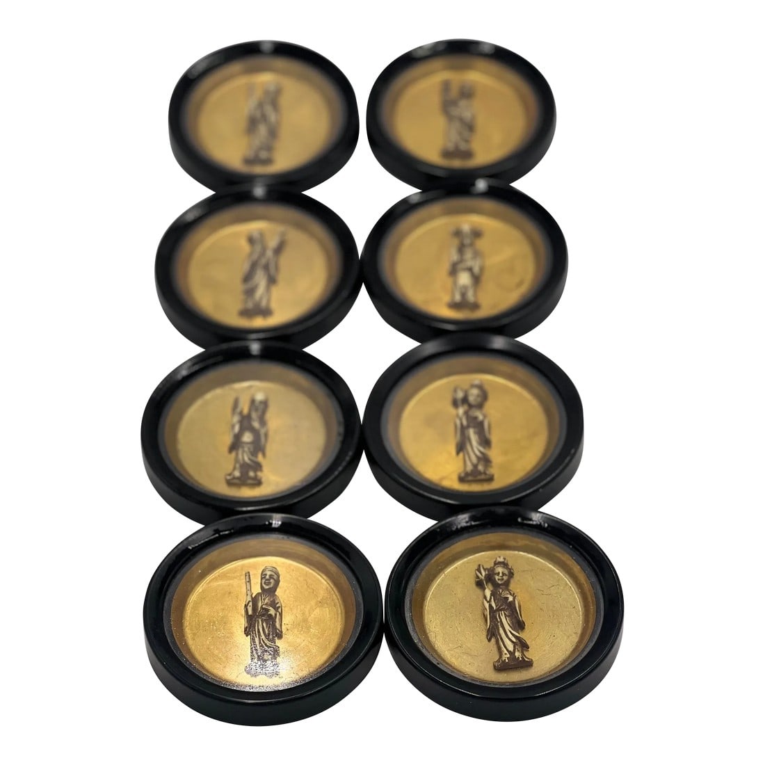 Set of 8 Carved Chinese Immortals Mounted Drink Coasters: A set of 8 drink coasters with carved chinese immortals mounted to a gold leaf backing. Unmarked. Condition: Alterations: Original Condition Unaltered Imperfections: Some Imperfections Condition Notes