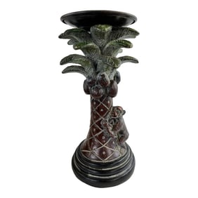 Vintage Chinoiserie Palm Tree and Climbing Monkey Candle Holder