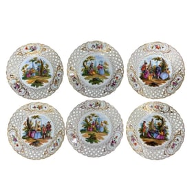 Late 19th Century Six Dresden Reticulated Painted Watteau Scenic Cabinet Plates by Carl Thieme