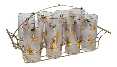 Vintage Eight Highball Gold Glasses in a Brass Cart by Fred Press - 9 Pieces