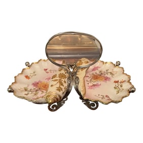 Antique English Silverplate & Porcelain Double Seafood Nautical Oyster Serving Dish