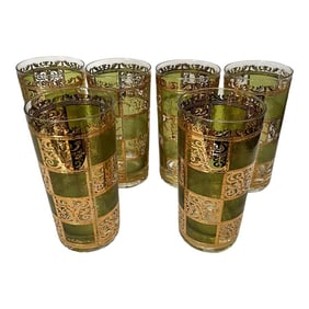 Mid-Century Modern Culver Prado 22 Karat Gold & Green Highballs - Set of 6
