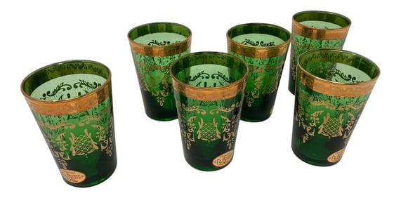 Set of Six Handblown Moorish Green and Gold Tea Glasses