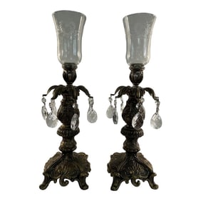 Early 20th Century French Baroque Style Brass Candle Holders With Votives - a Pair