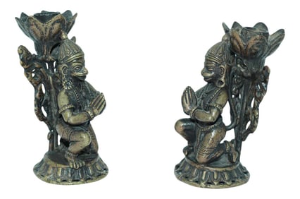 Asian Bronze Hanuman Kneeling Buddhist Figure Candleholders - a Pair