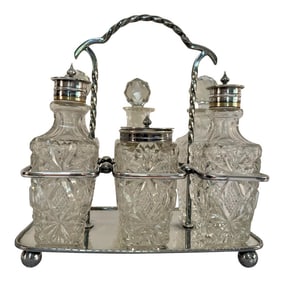 Antique English Style Silverplate Cut Crystal Cruet Set