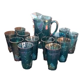 Indiana Carnival Glass Harvest Pattern Iridescent BluePitcher & 12 Glasses