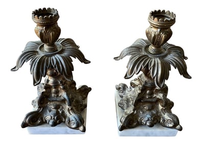 Vintage Marble & Metal Acanthus Candle Holders - a Pair
