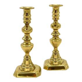 19th C. English Brass Beehive Push Up Candlesticks - a Pair