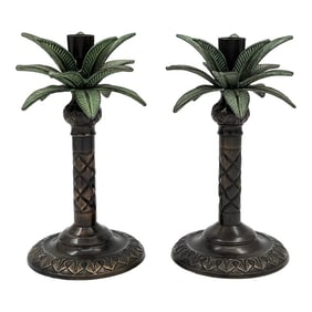 Vintage Palm Beach Regency Metal Palm Tree Candlesticks Candleholders - Set of 2