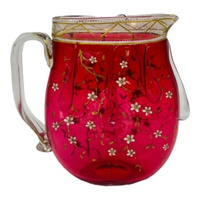 Rare Moser Floral Enamel & Drip Decorated Cranberry Art Glass Pitcher
