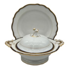 2 Pc, Meissen Porcelain Cobalt & Gold Rim Decorated Soup Tureen, Under Platter