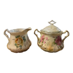 Early 1900s Floral Iridescent Sugar and Creamer Set- 2 Pieces