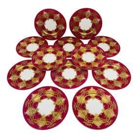 Set of 12 Royal Worcester Two- Tone Heavily Raised Gilt Decorated Dinner Plates