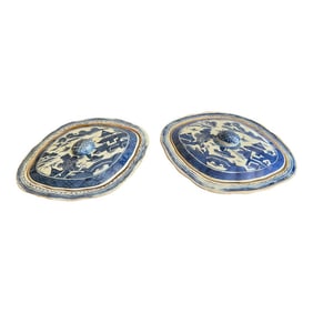 Antique Chinese Export-Style Canton Blue & White Covered Dishes- a Pair