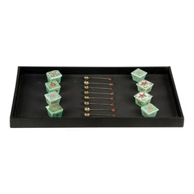 1920s Chinese Famille Rose Medallion Salt Cellar & Spoons Set- 16 Pieces